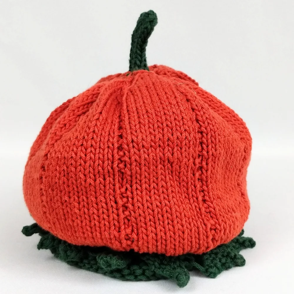 Kid's Hand Knit Hat Pumpkin Fairycore Halloween Stretchy Orange Green Naturecore